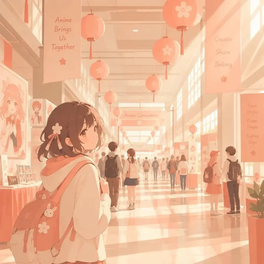 珊瑚色纸灯照亮的展会走廊插画