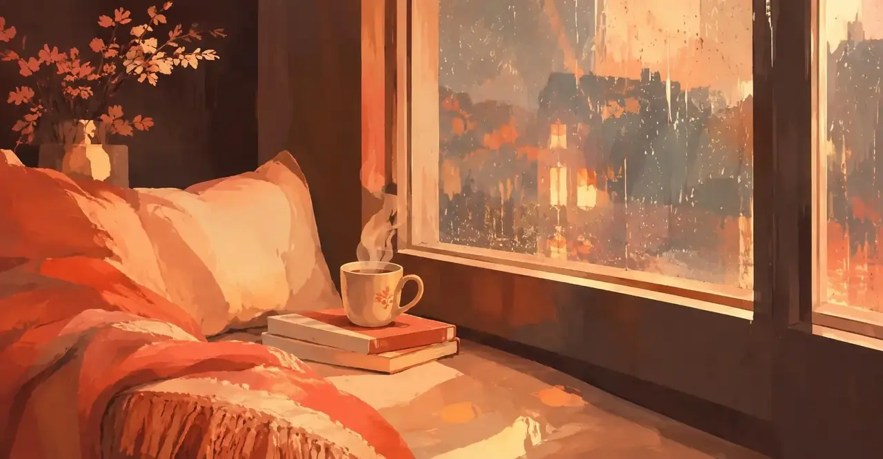 雨窗与热茶光影的治愈系主视觉插画