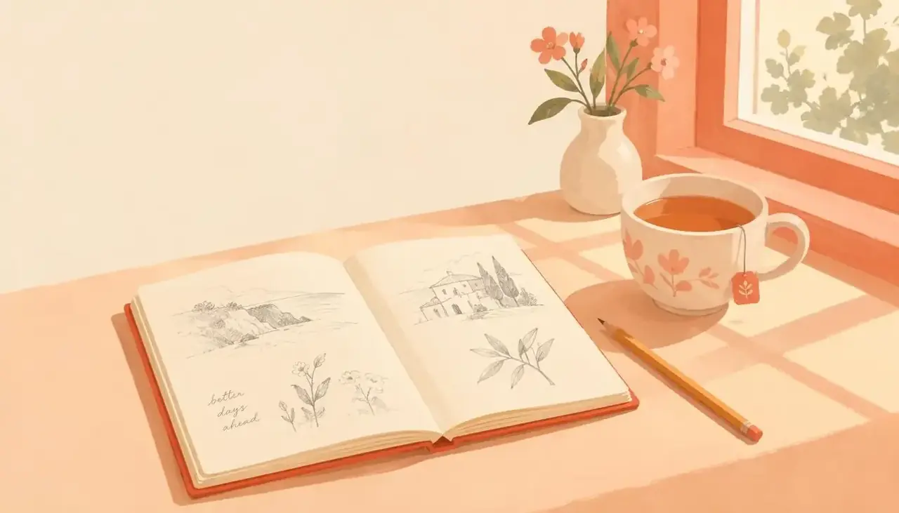 动漫杂谈栏目主视觉：窗边速写本与热茶插画