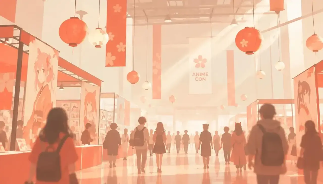 漫展前线栏目主视觉：珊瑚色纸灯下的展会大厅插画